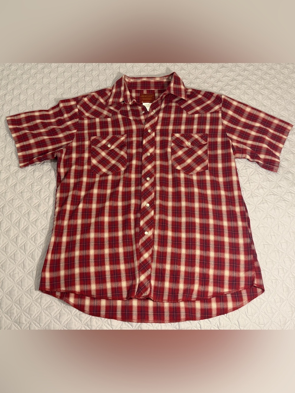 Rustler by Wrangler Short Sleeve Western Shirt Men Sz Large Plaid Red Pearl Snap